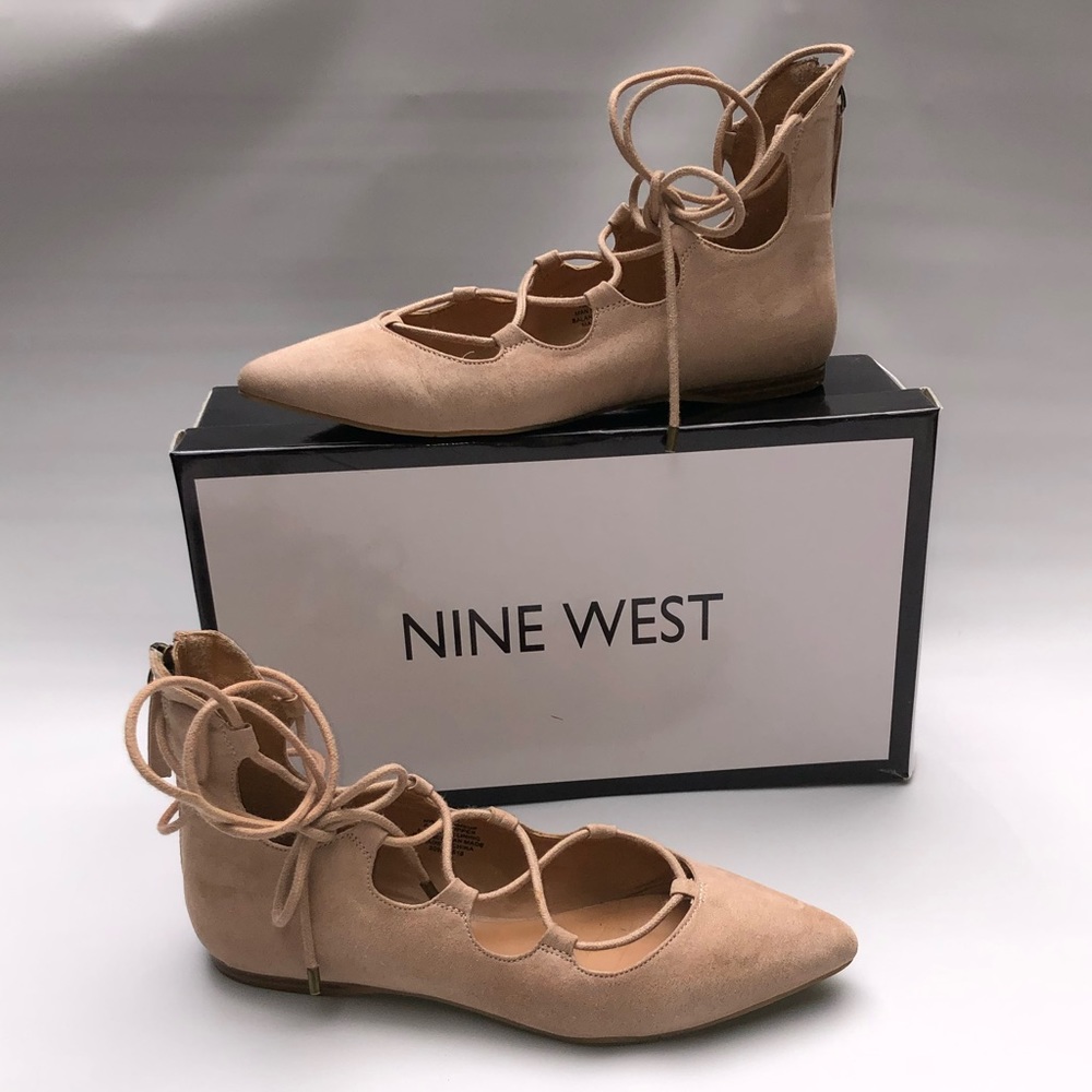 Nine West Lace Up Ballet Flats Natural Suede 7.5